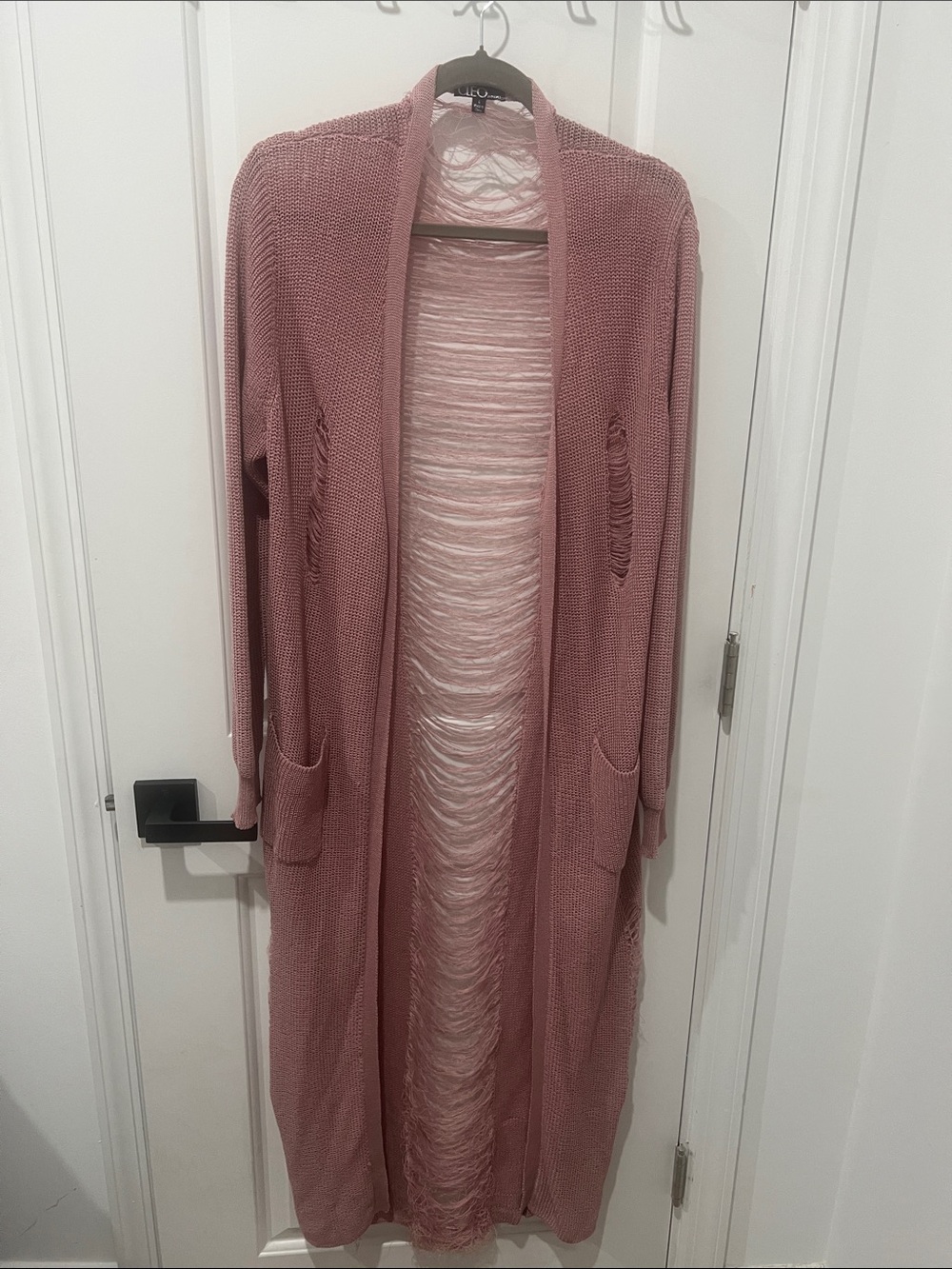 Open-Front Dusty Rose Long Cardigan with Ripped Back Size Large